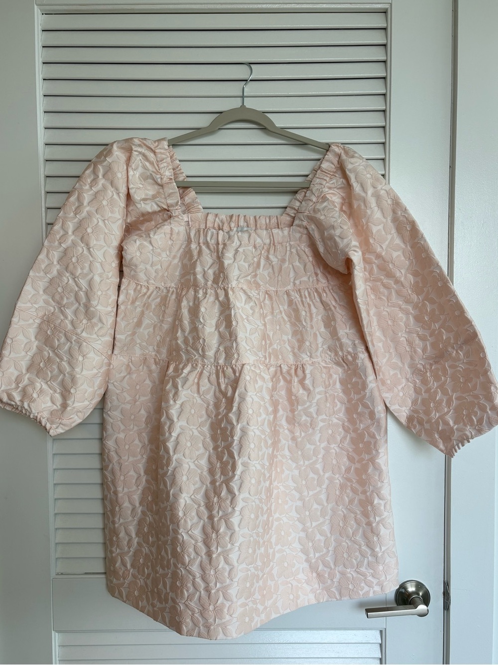 Flower Blush Pink Floral Jacquard Puff Sleeve Mini Dress Size S Cottagecore Boho